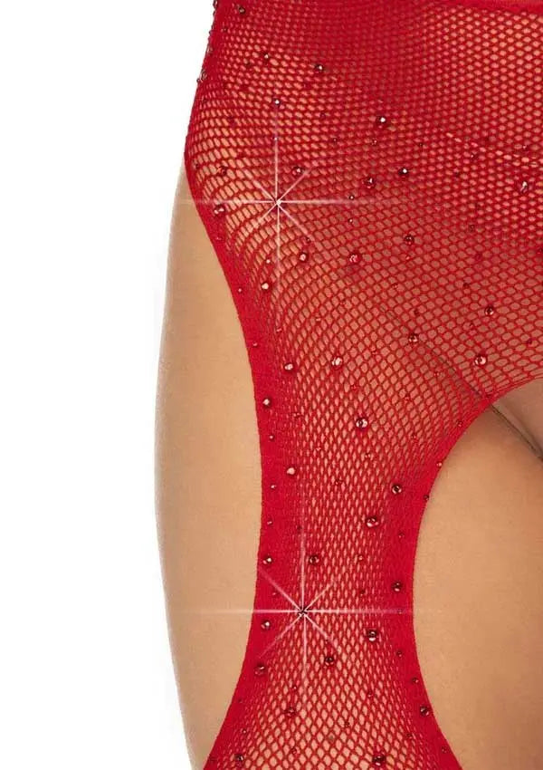 Casey Rhinestone Fishnet Suspender Pantyhose - One Size - Red – nylon | Fu'Cha Exotics