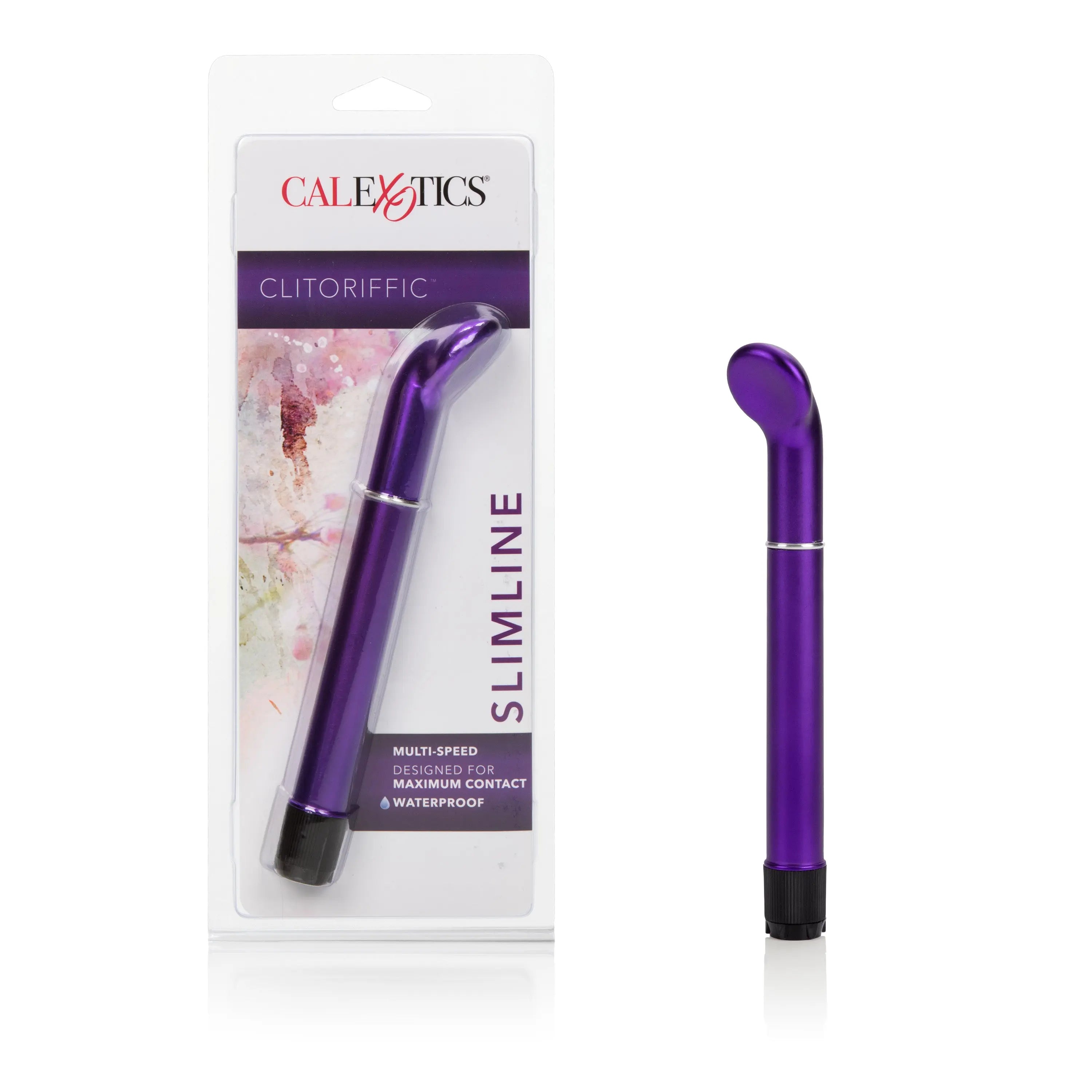 CALEXOTICS clitoriffic vibrator, purple wand with curved tip and black base.