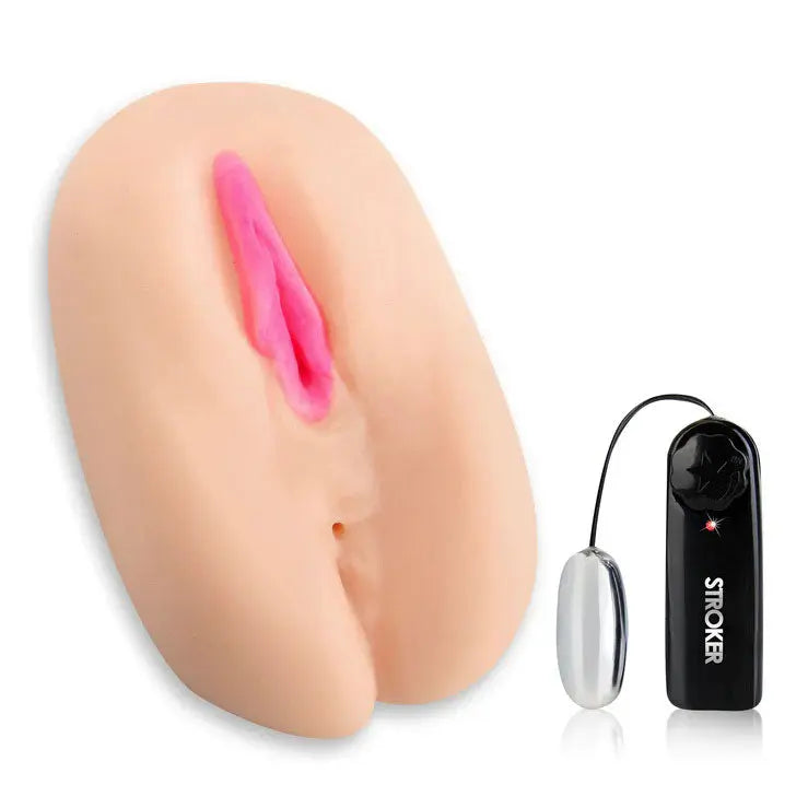 Vaginal vibrator silicone insert with pink opening and control device, black with cord