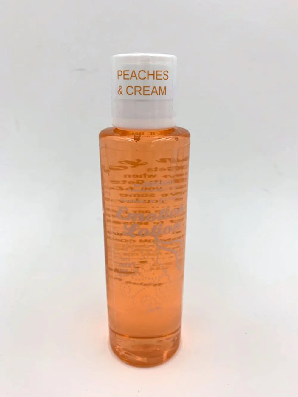 Peaches & Cream lotion bottle with white cap and orange translucent bottle