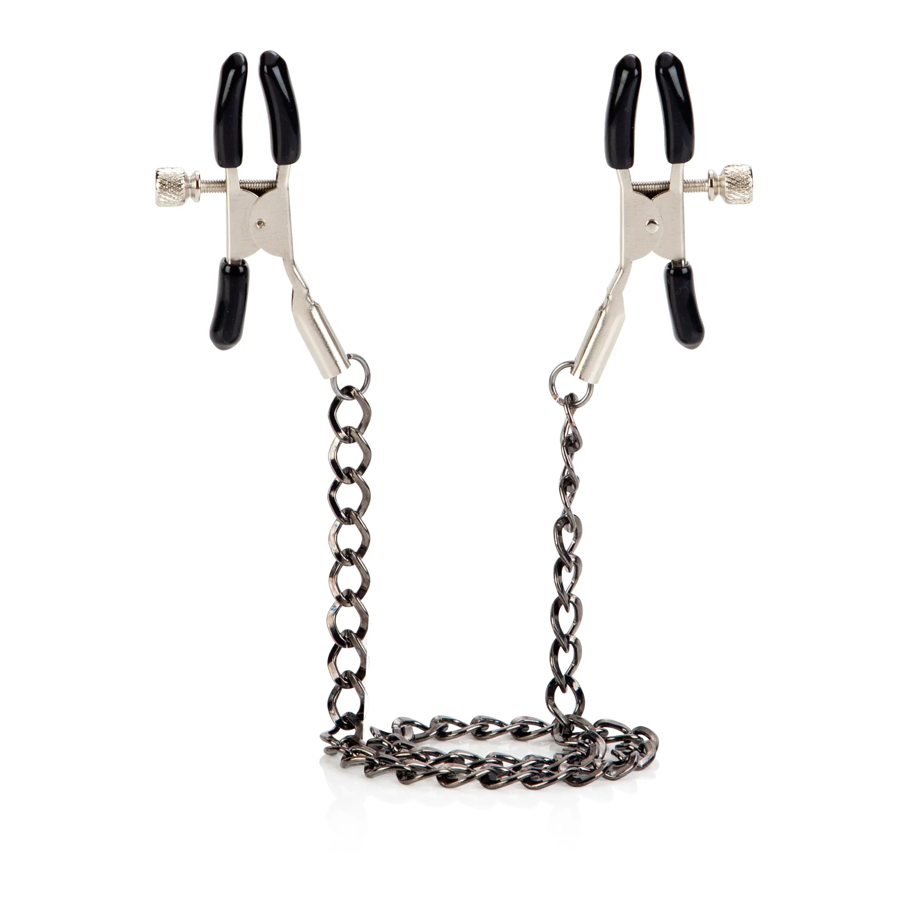 Nipple teaser clamps with black grips and silver chain