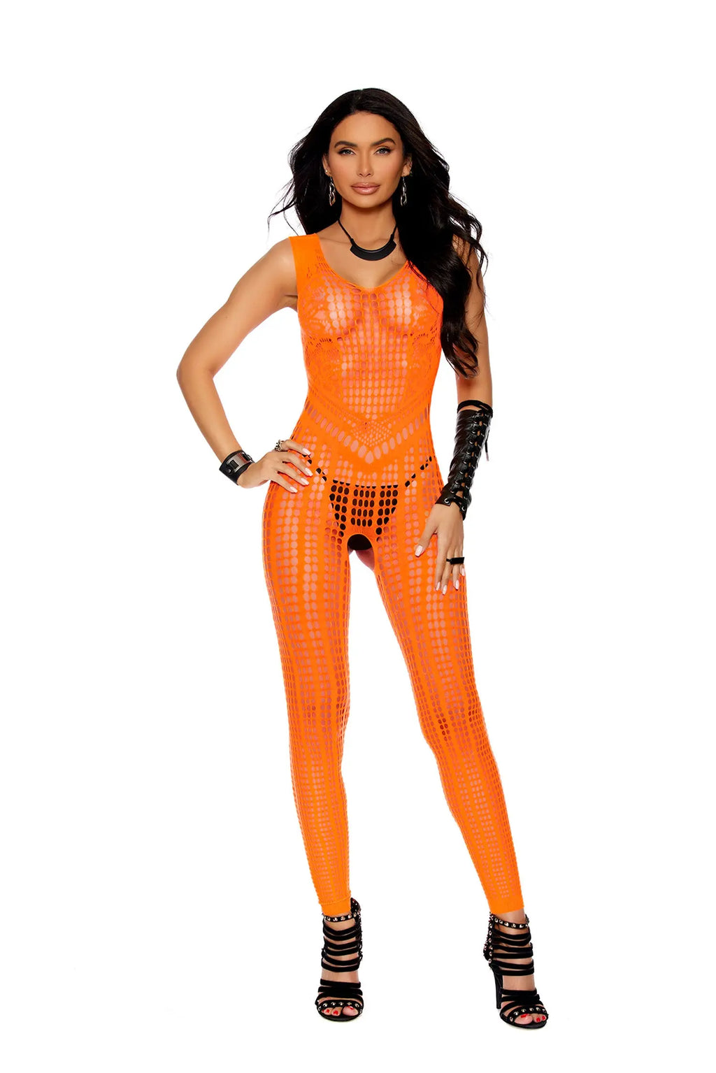 Crochet Footless Bodystocking With Open Crotch - One Size - Orange – body-safe materials | Fu'Cha Exotics