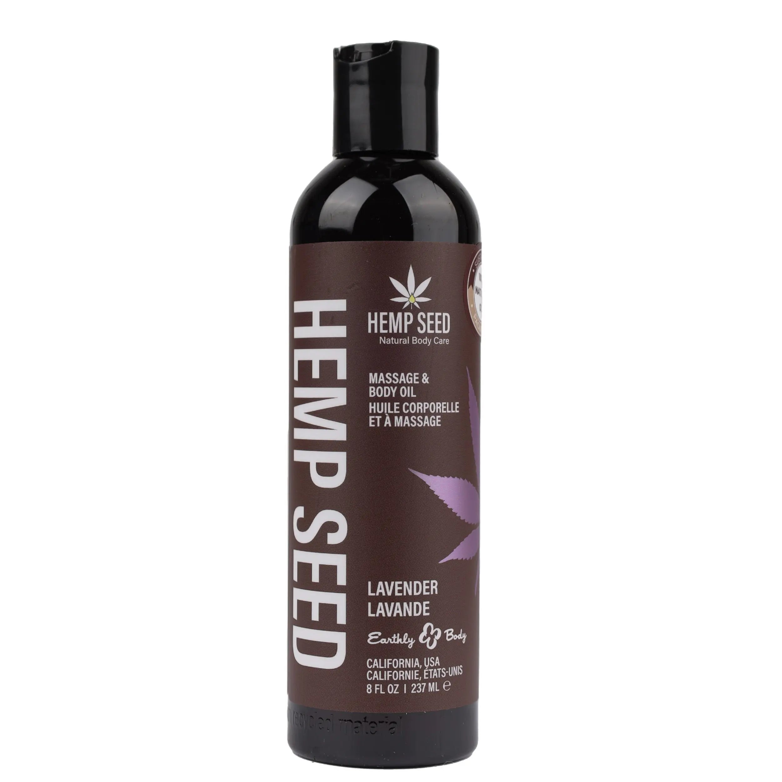 Hemp seed massage body oil bottle, lavender scent, 8 fl oz, black cap