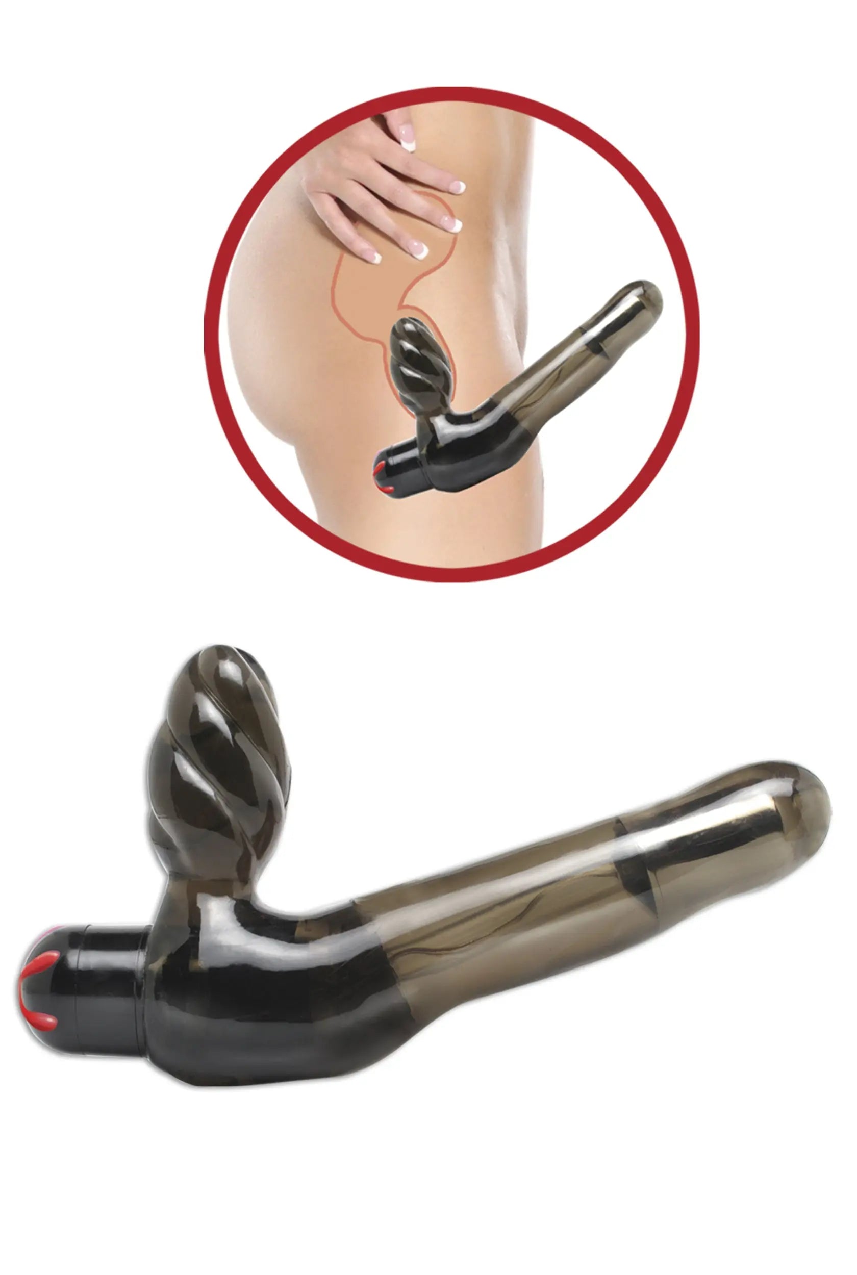 Dark glossy vibrating strapless strap-on with curved base and tapered tip