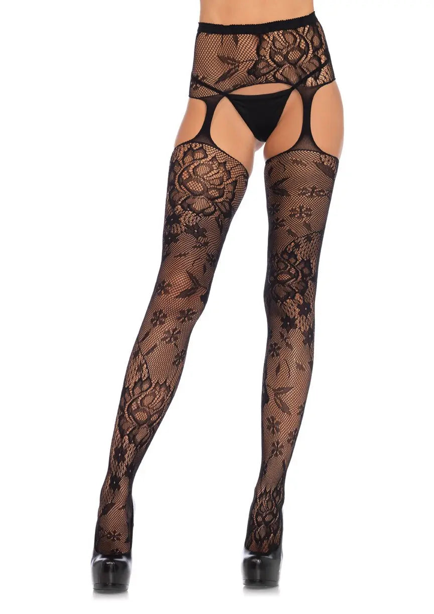Floral Lace Stockings with Attached Waist Garterbelt - Black - One Size – nylon | Fu'Cha Exotics