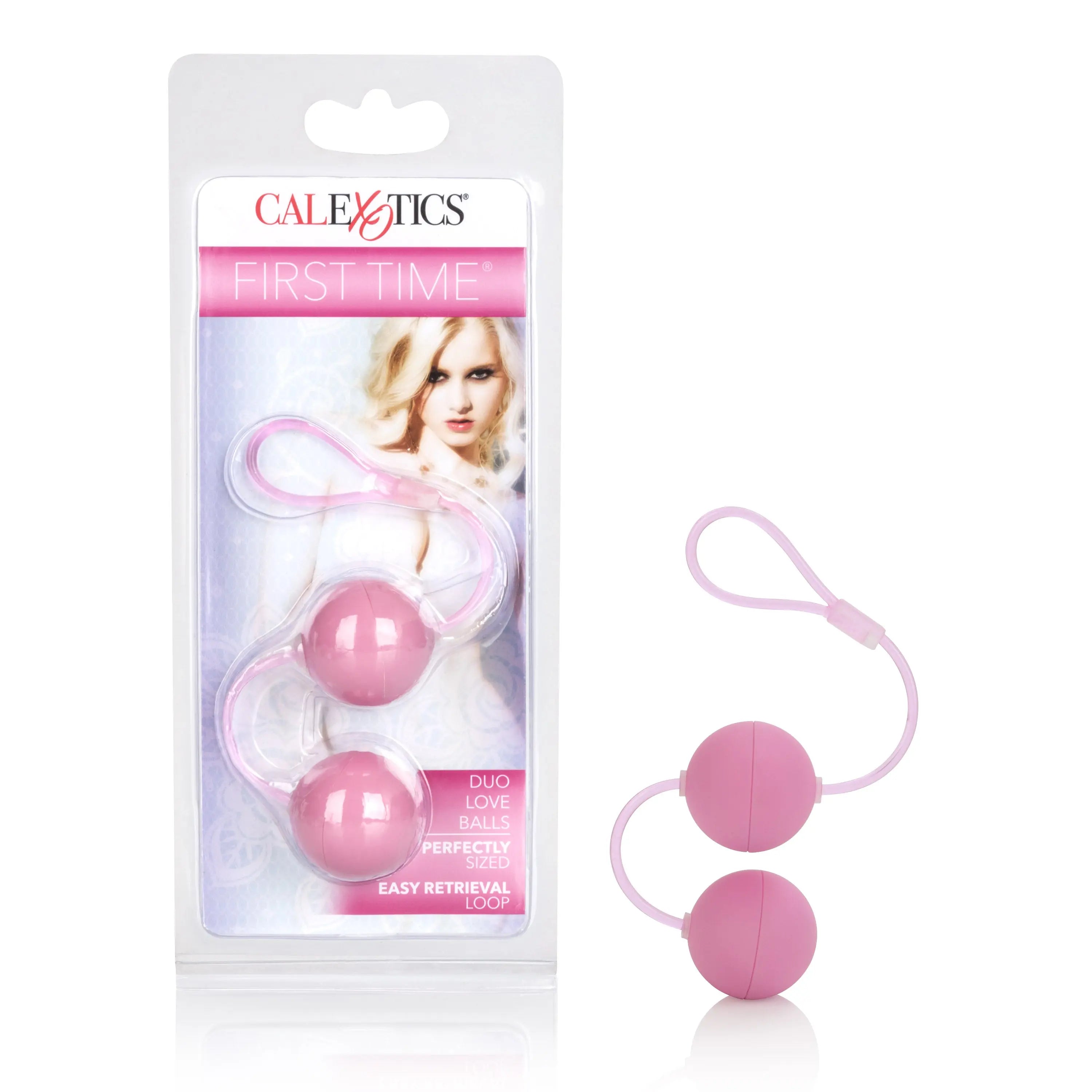 Pink duo love balls with two spherical beads and connecting cord, shown on display