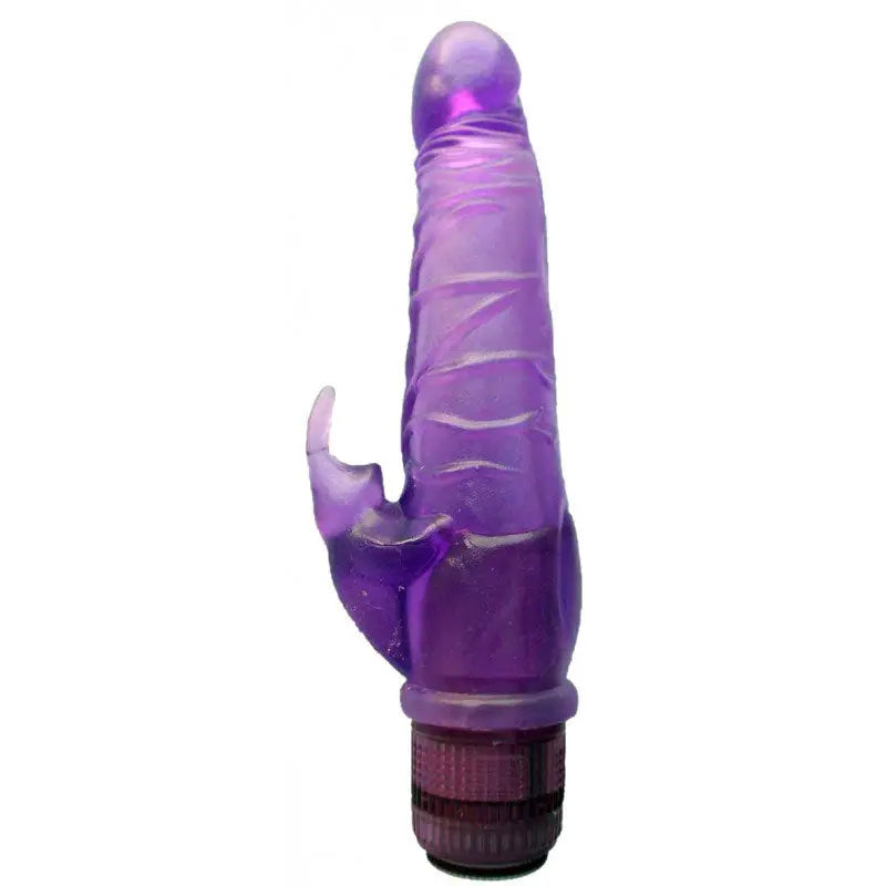 Purple rabbit-style sex toy with ridged shaft and ribbed base