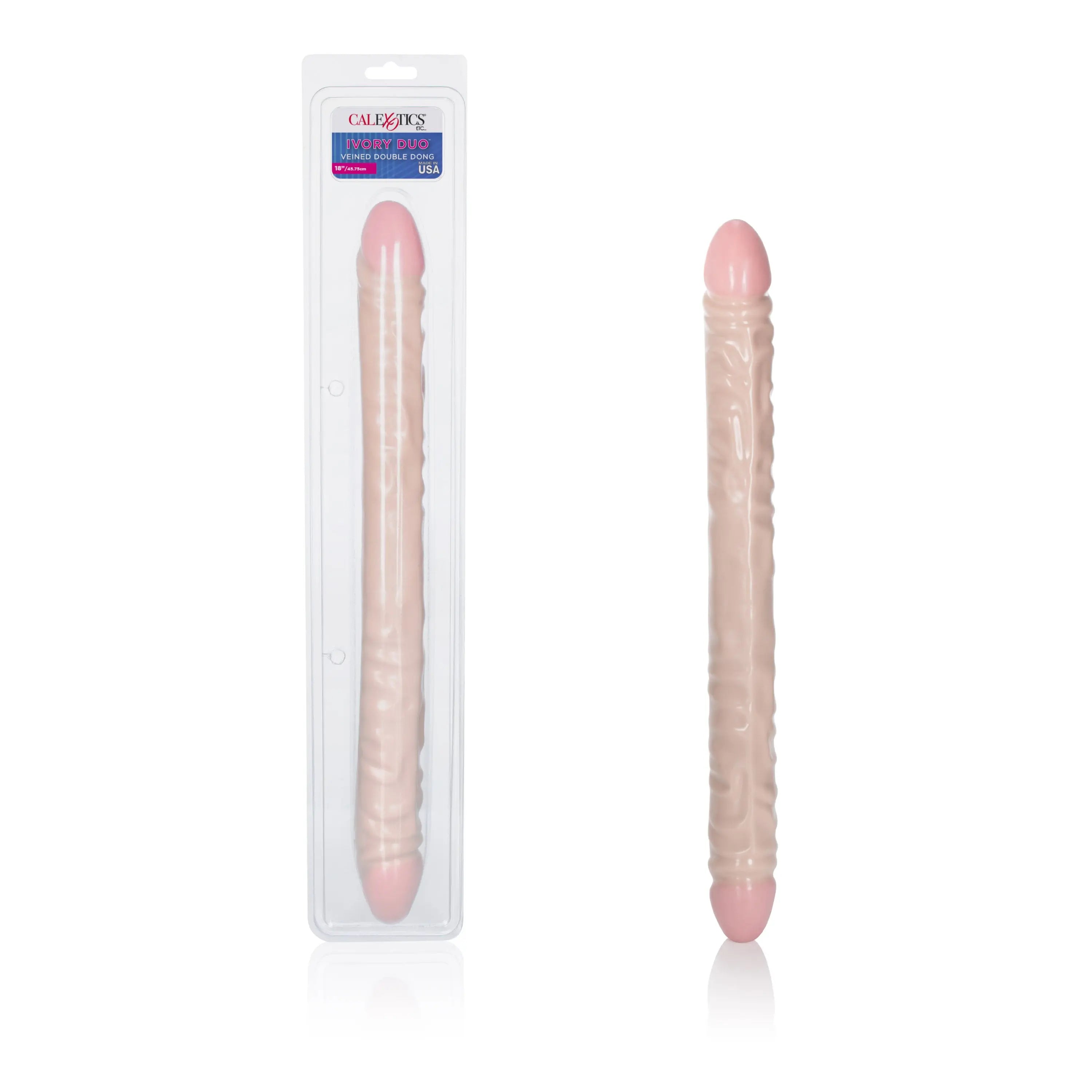 Veined double dong sex toy, pale pink with ridged shaft, shown in retail package