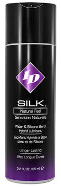 Silicone lubricant bottle, purple and black with ID Silk Natural Feel label