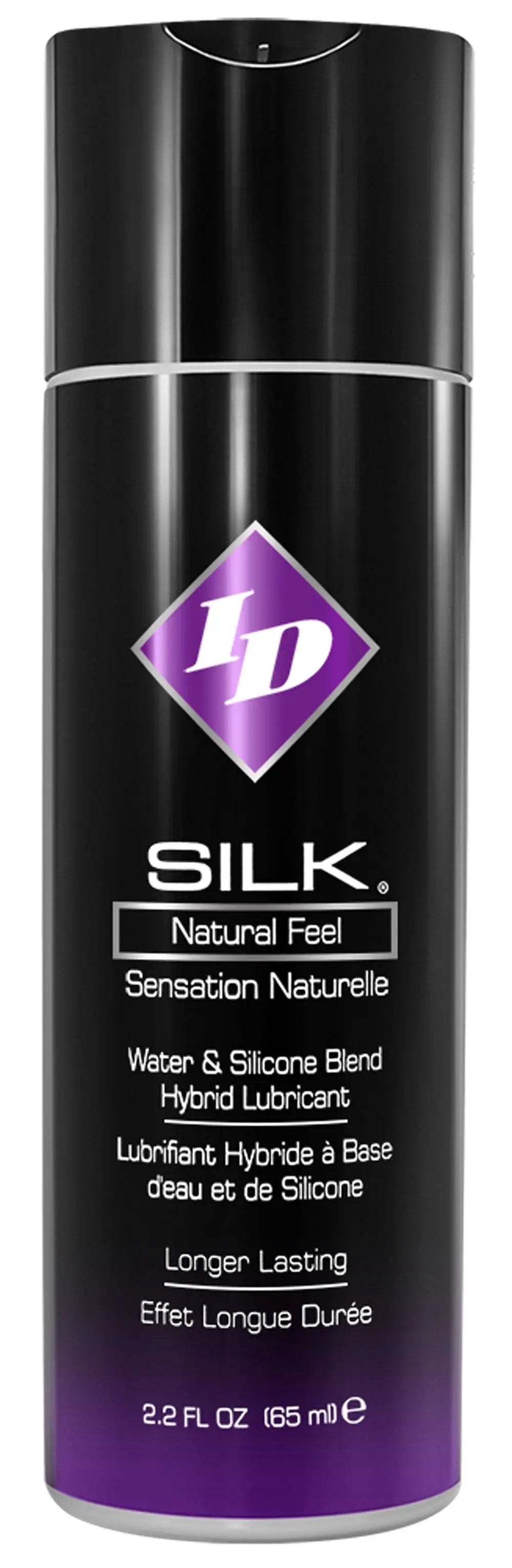 Silicone lubricant bottle, purple and black with ID Silk Natural Feel label