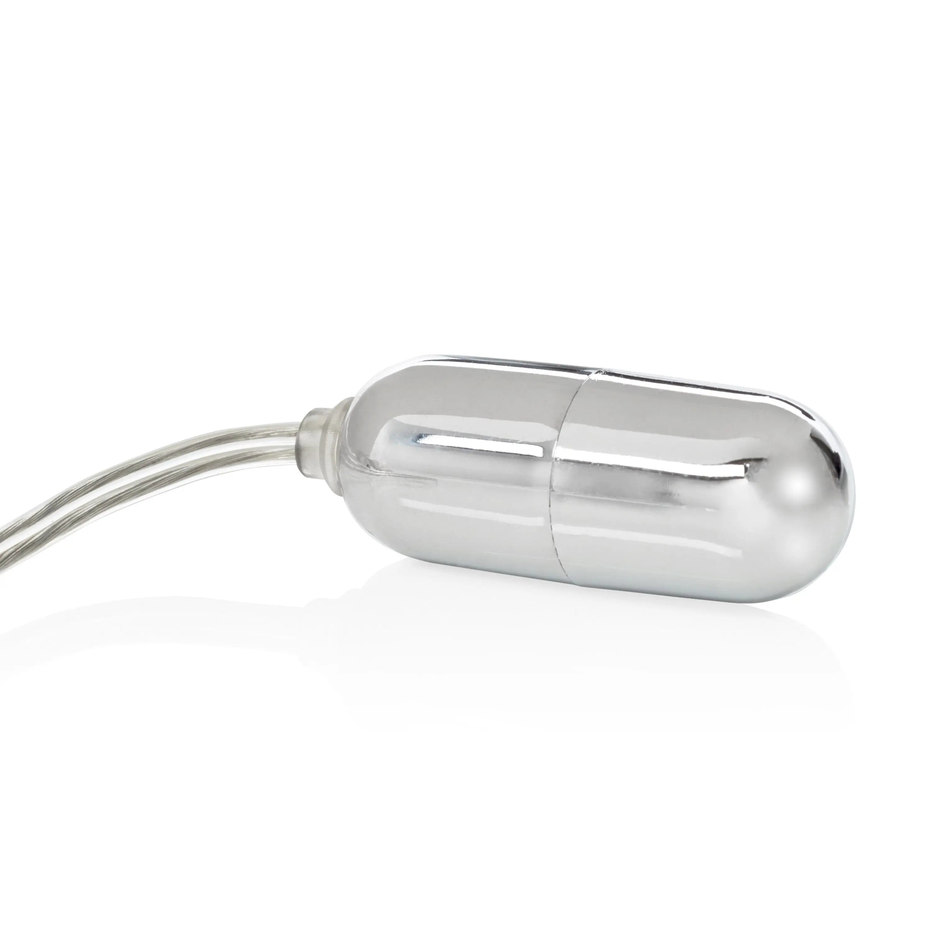 Mini bullet massager with silver finish and attached cord