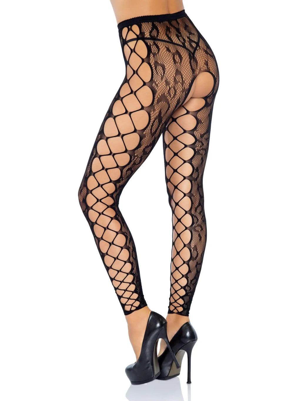 Footless Leopard Lace Crotchless Tights - Black – nylon | Fu'Cha Exotics