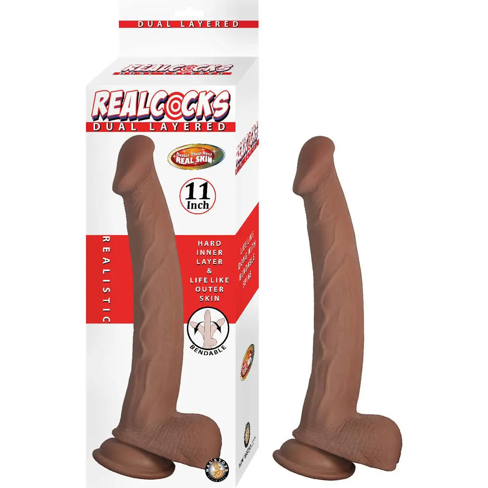 Realcocks Dual Layered 11" - Brown – body-safe TPE fully waterproof | Fu'Cha Exotics