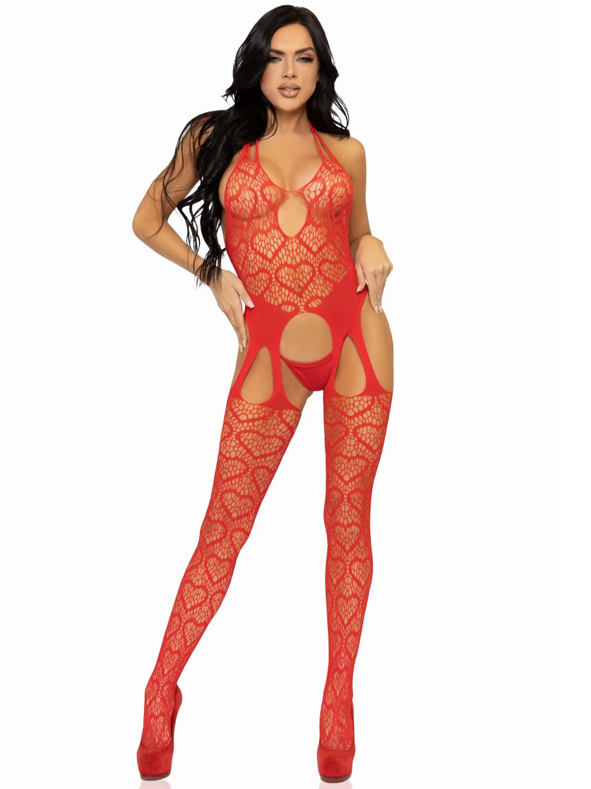 Seamless Heart Net Suspender Bodystocking - One Size - Red – body-safe materials | Fu'Cha Exotics