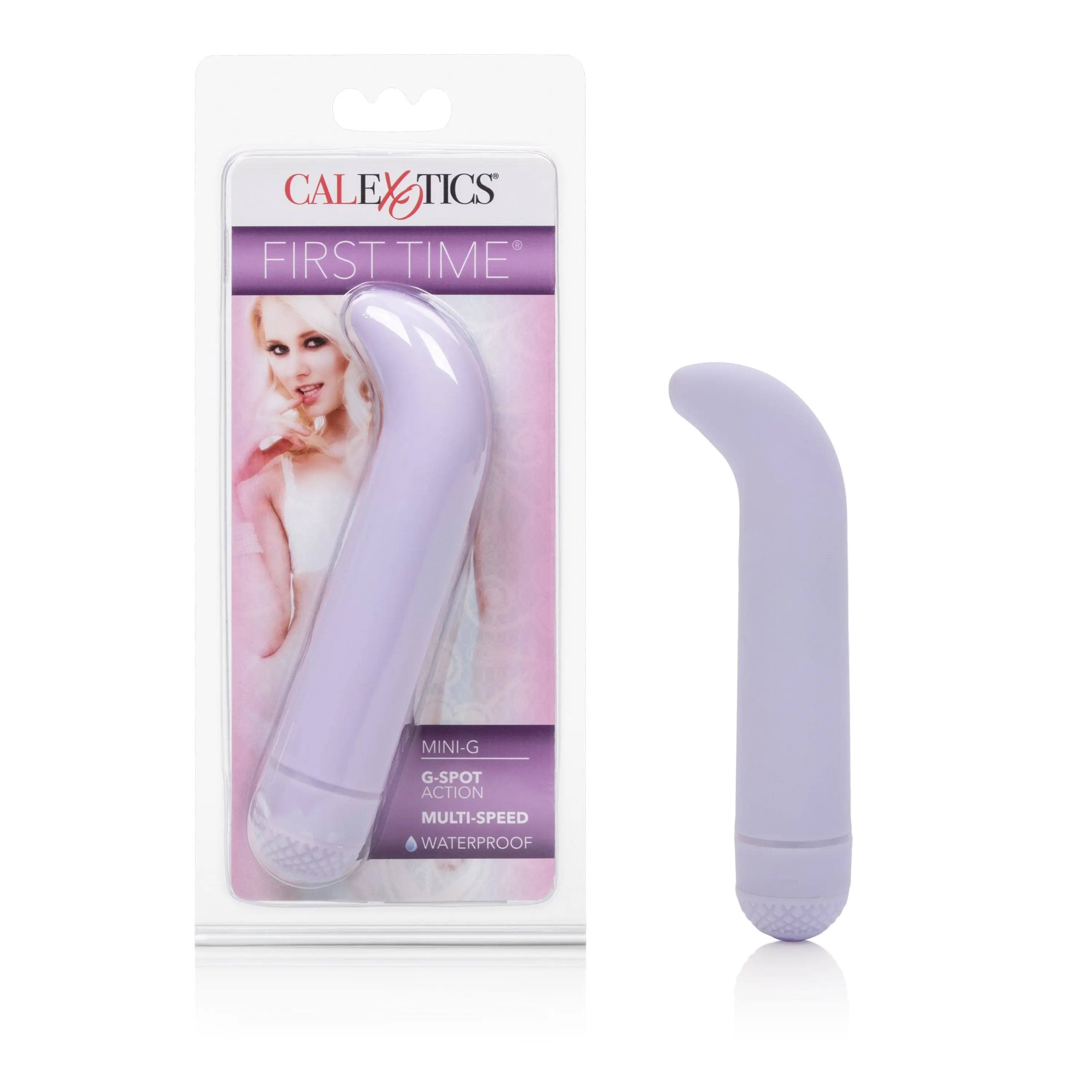 Purple mini G-spot vibrator with curved body and textured tip