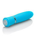 Blue handheld flashlight with circular lens end and metal trim ring