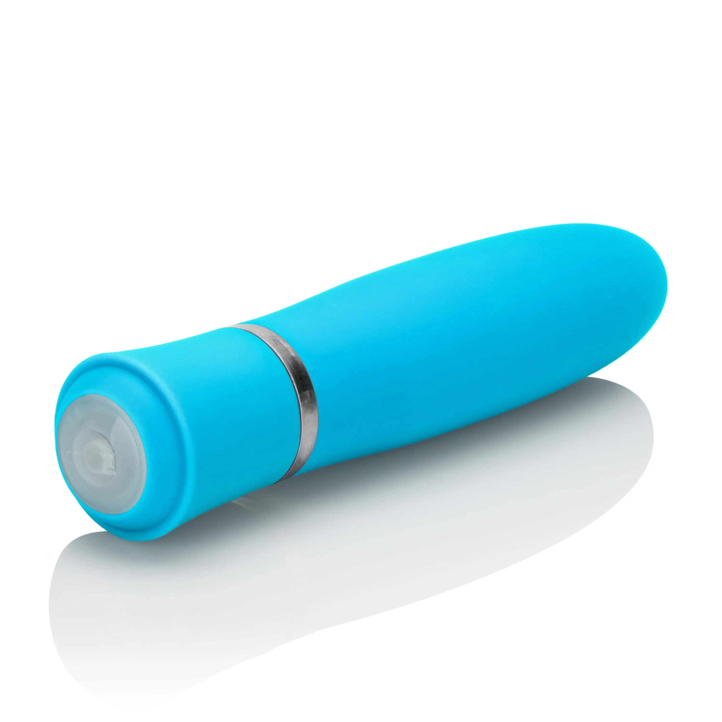 Blue handheld flashlight with circular lens end and metal trim ring