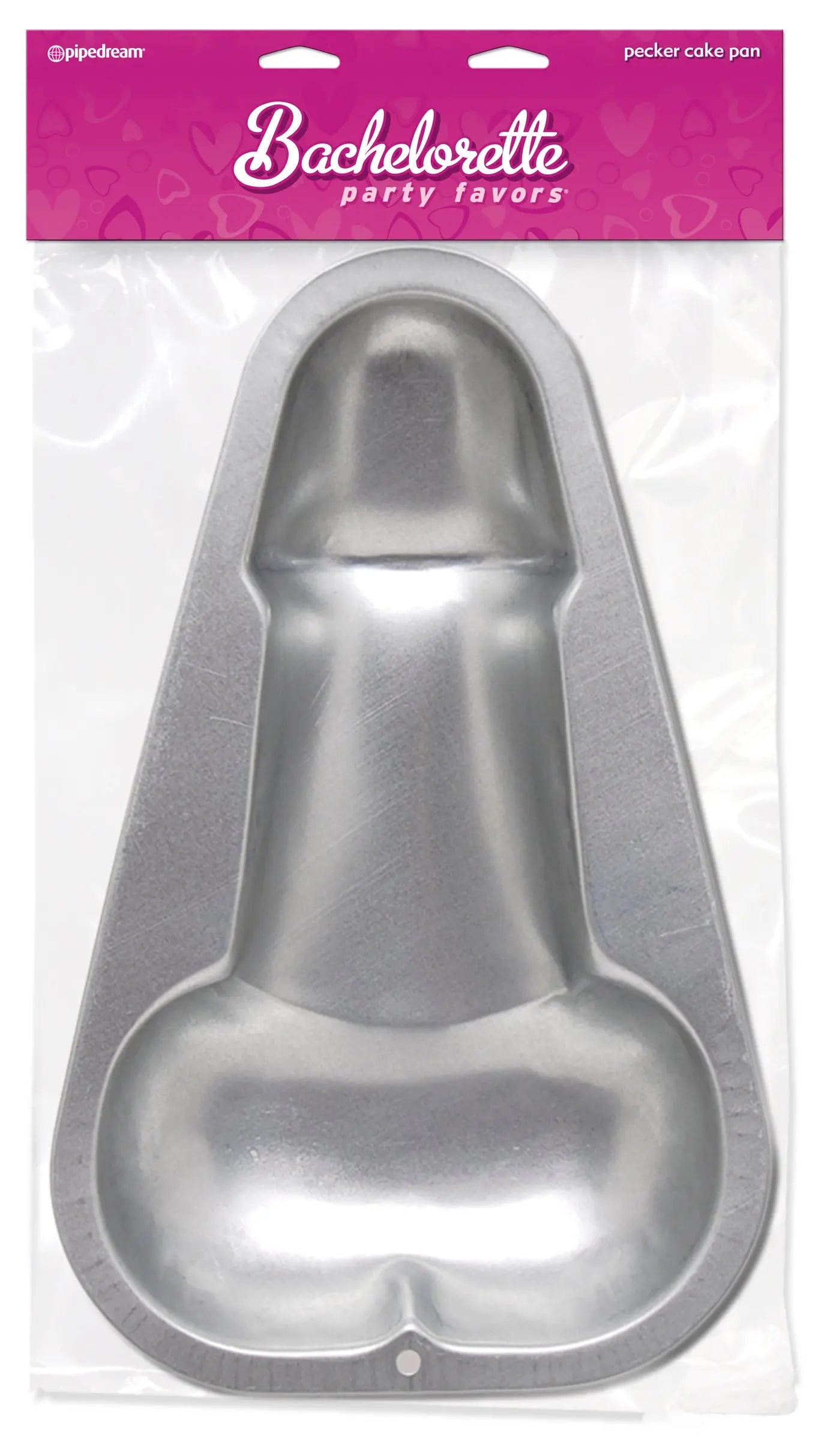 Pecker cake pan mold, silver-toned with raised ridged shape and base