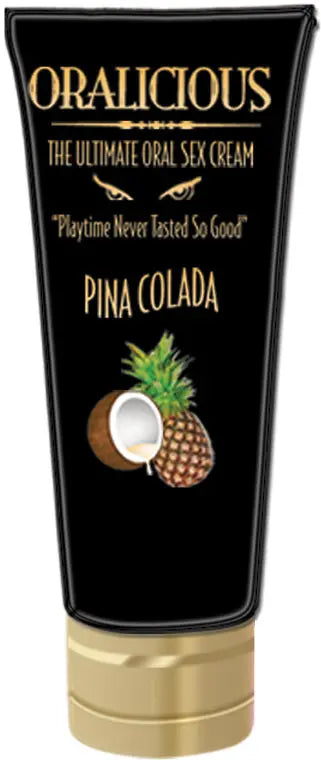 Oralicious Pina Colada oral sex cream tube, black and gold, cream-colored cap