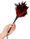 Feather duster with red-and-black feathers and black handle with cord