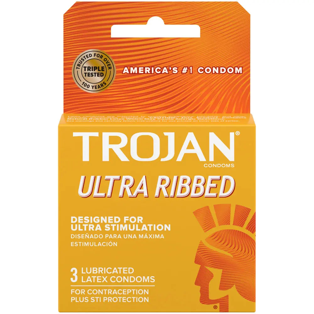 Trojan Ultra Ribbed lubricated latex condoms box, 3 pack