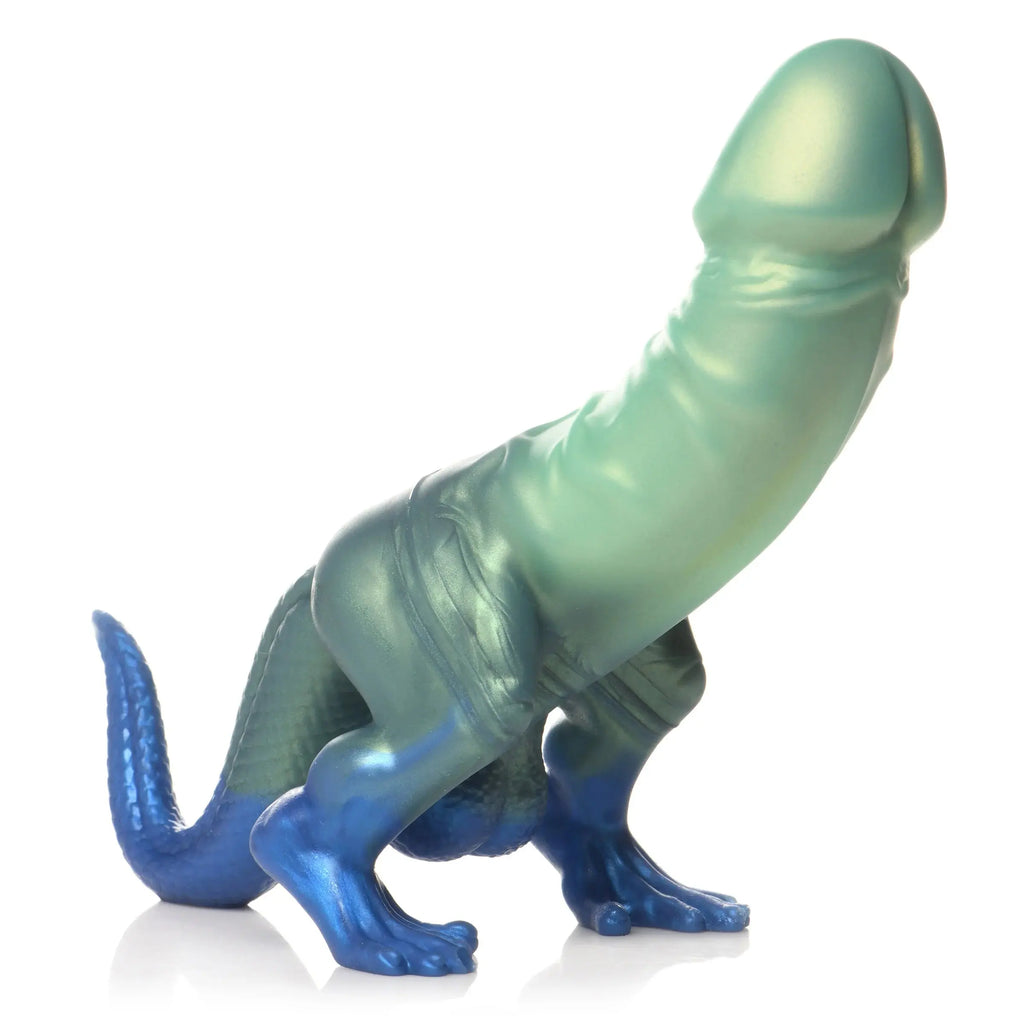 Jurassic Cock Dinosaur Silicone Dildo - Green/blue – body-safe materials | Fu'Cha Exotics