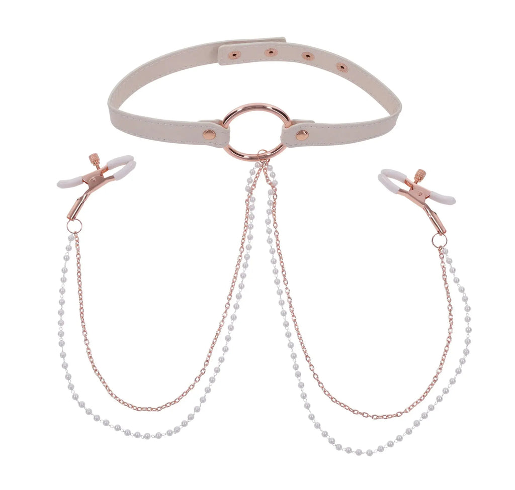 Peaches N Creame Collar With Nipple Clamps - Pink – body-safe materials | Fu'Cha Exotics