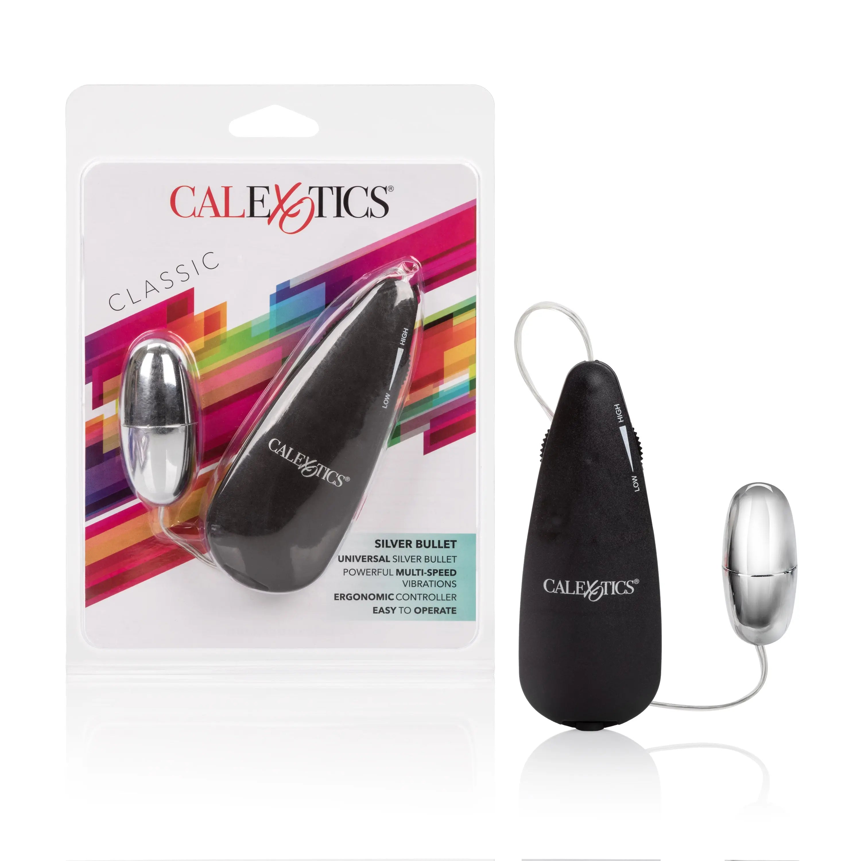 Silver Bullet by CalExotics black handheld massager with cord and controls