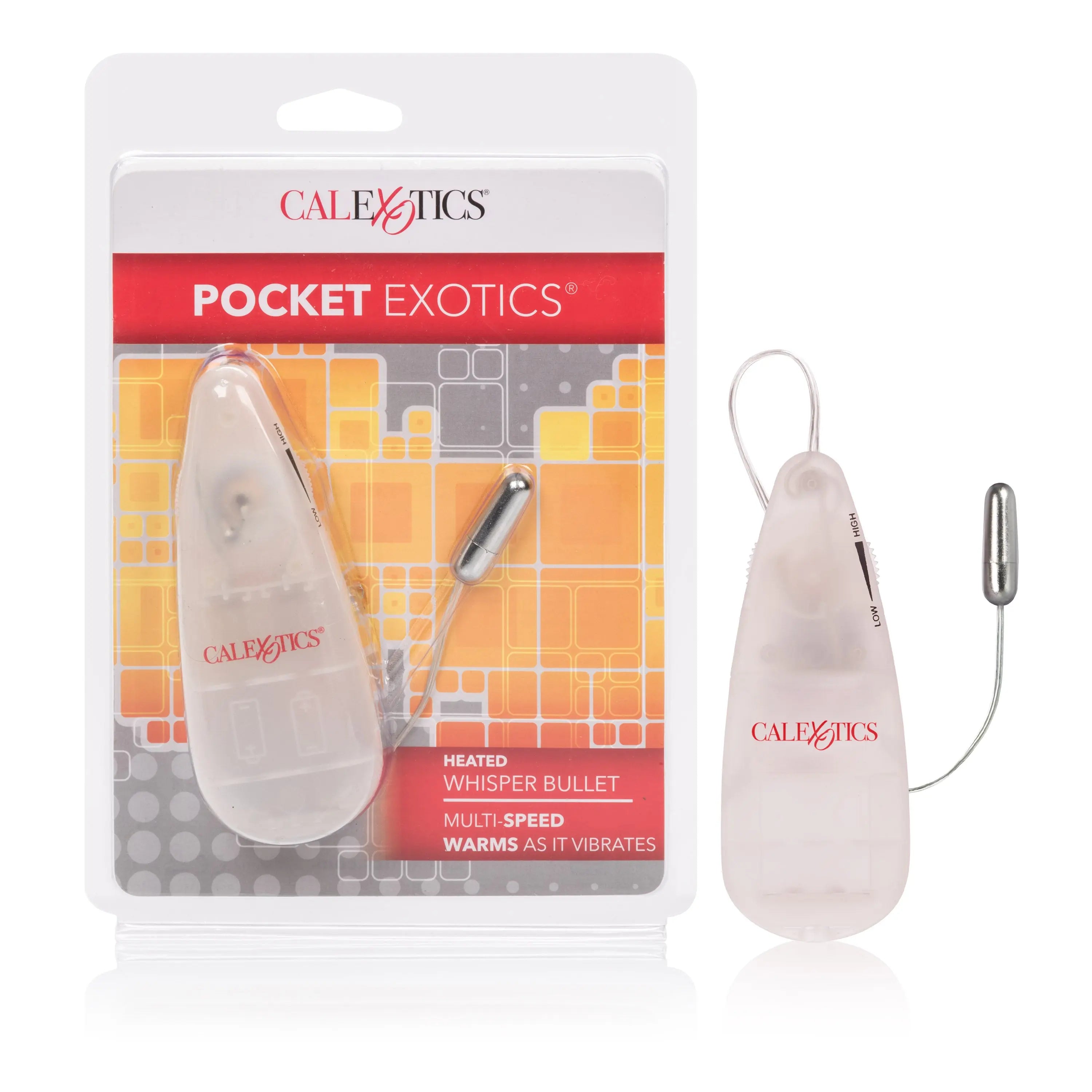 CalExotics heated bullet massager, clear silicone with cord and control clip