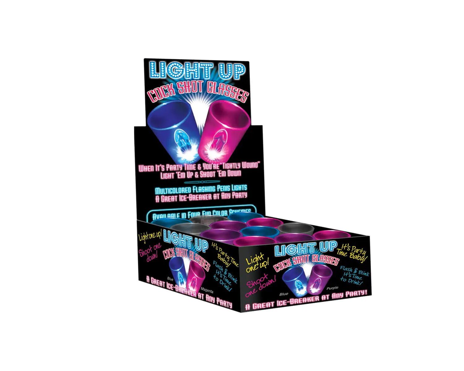 Light-up novelty shot glasses display, 12-piece assorted colors on retail stand