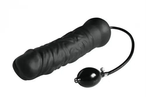 Black silicone inflatable dildo with texture and attached air bulb pump