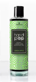 Massage gel bottle, green apple-scented, green label with swirl design, 4.2 oz