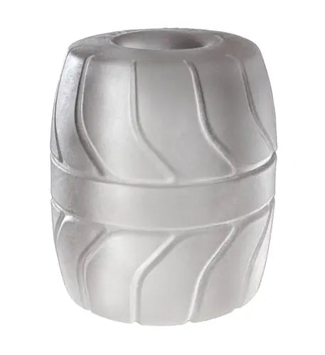 Clear 2-inch ball stretcher, translucent molded silicone with ribbed texture