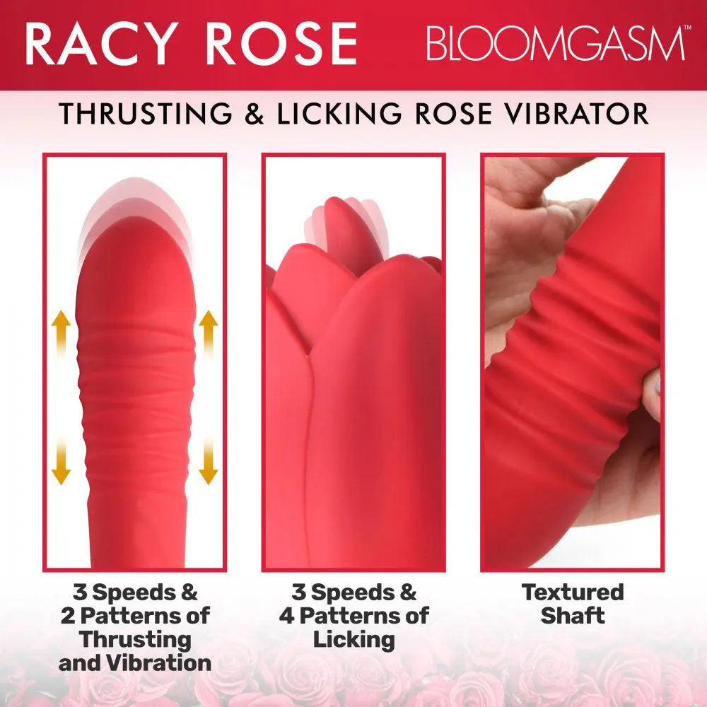 Bloomgasm Racy Rose Thrust and Lick Vibrator - Red – body-safe materials | Fu'Cha Exotics