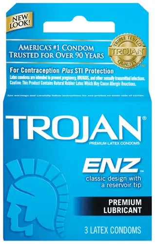 Trojan Enz lubricated condom pack with premium lubricant, 3 latex condoms