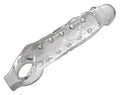 Clear penis enhancer sleeve with textured bumps and open ring end