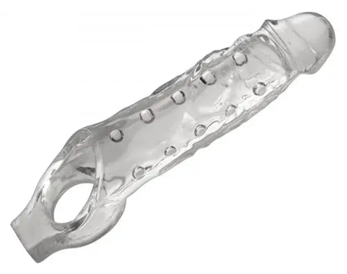 Clear penis enhancer sleeve with textured bumps and open ring end