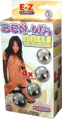 Silver Ben Wa balls on a string sex toy in retail box packaging