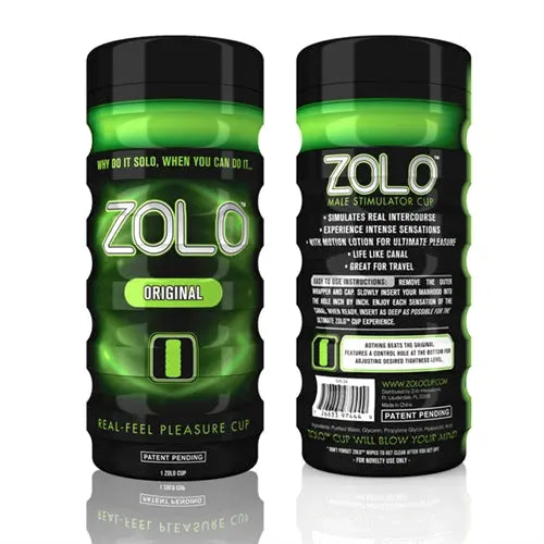 ZOLO Original travel cup with green label on black container, front view