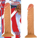 7-inch vibrating dildo, tan fleshlike, ridged shaft and flared base