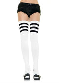 Ribbed thigh-high stockings in white with black striped cuffs