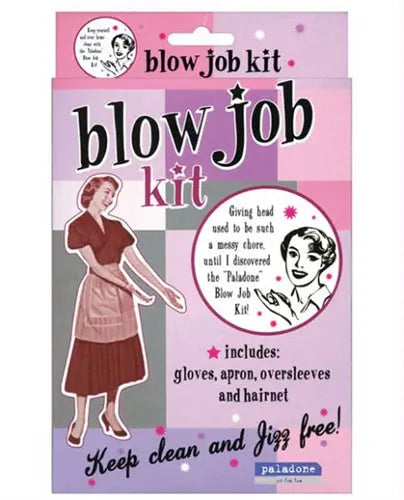 Novelty blow Job kit package with gloves and hairnet, pink and purple design.