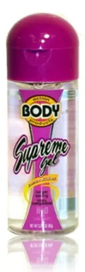 Body Supreme gel in clear bottle with purple cap and pink label