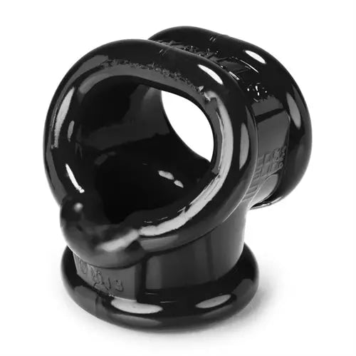 Glossy black silicone cock ring with open center and flared base