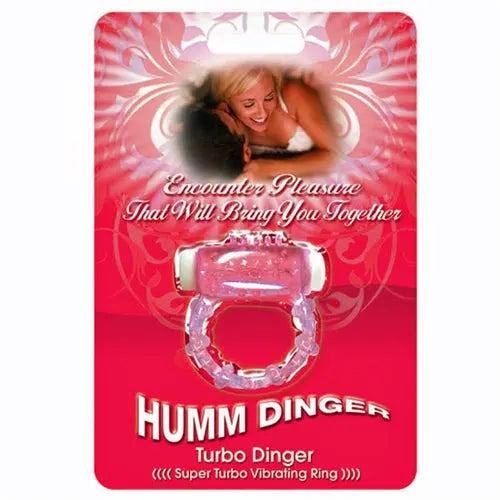 Purple vibrating ring in blister pack card with Humm Dinger Turbo Dinger logo