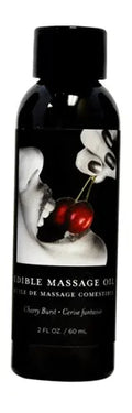 Edible massage oil bottle, dark amber with cherry graphic and label, 2 fl oz.