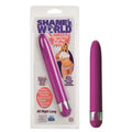 Purple wand-style vibrator with metallic base, shown in a retail blister pack.