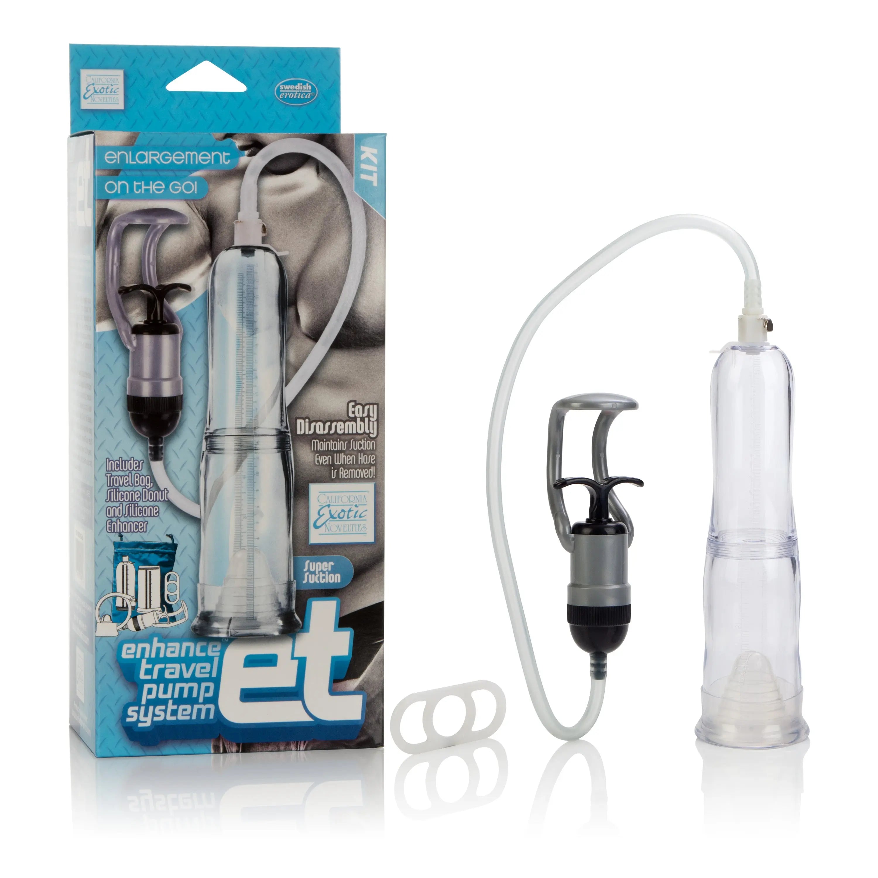 Travel pump system with hand pump, clear squeeze bottle, and flexible hose