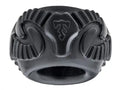 Black ram ring with engraved ram head and curved horns on the band