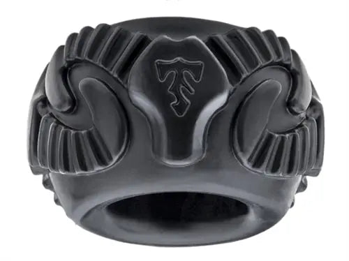 Black ram ring with engraved ram head and curved horns on the band